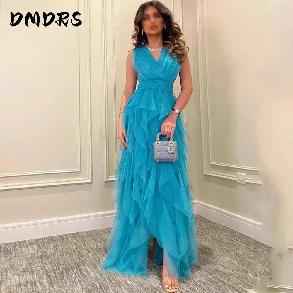 

Sky Blue Tulle Evening Dress Sleeveless V Neck Saudi Arabia Floor Length Long Prom Gown For Women Vestido de festa