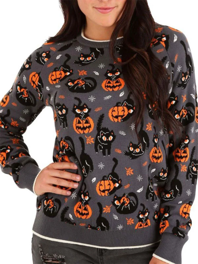 

Gothic Halloween Pumpkin Ghost Jacquard Women's Sweater Autumn Warm Knitted Long Sleeve Sweater Female 2023 Christmas Lady Tops