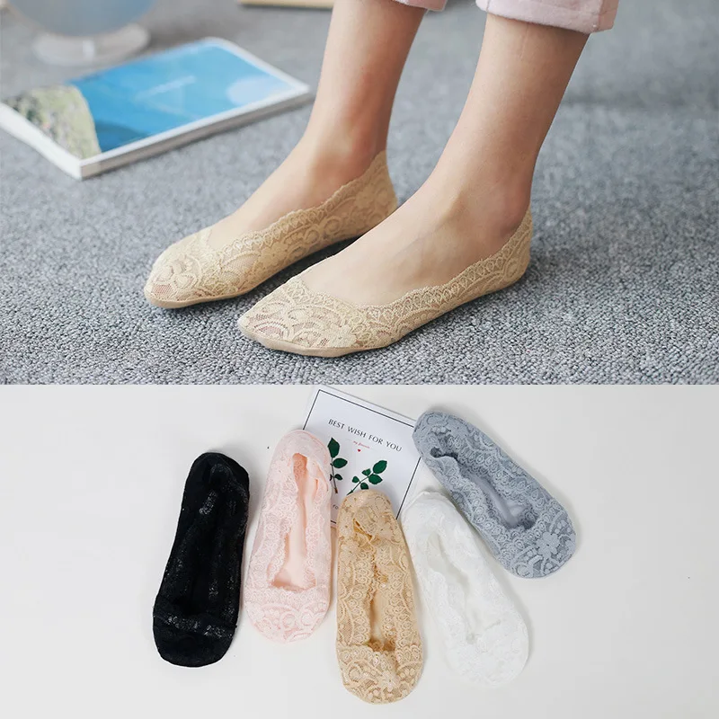 

Lace 5Pair Women's Boat Socks Women's Shallow Invisible Ice Silk Summer Thin Breathable Silicone Anti Slip Pure Cotton Socks