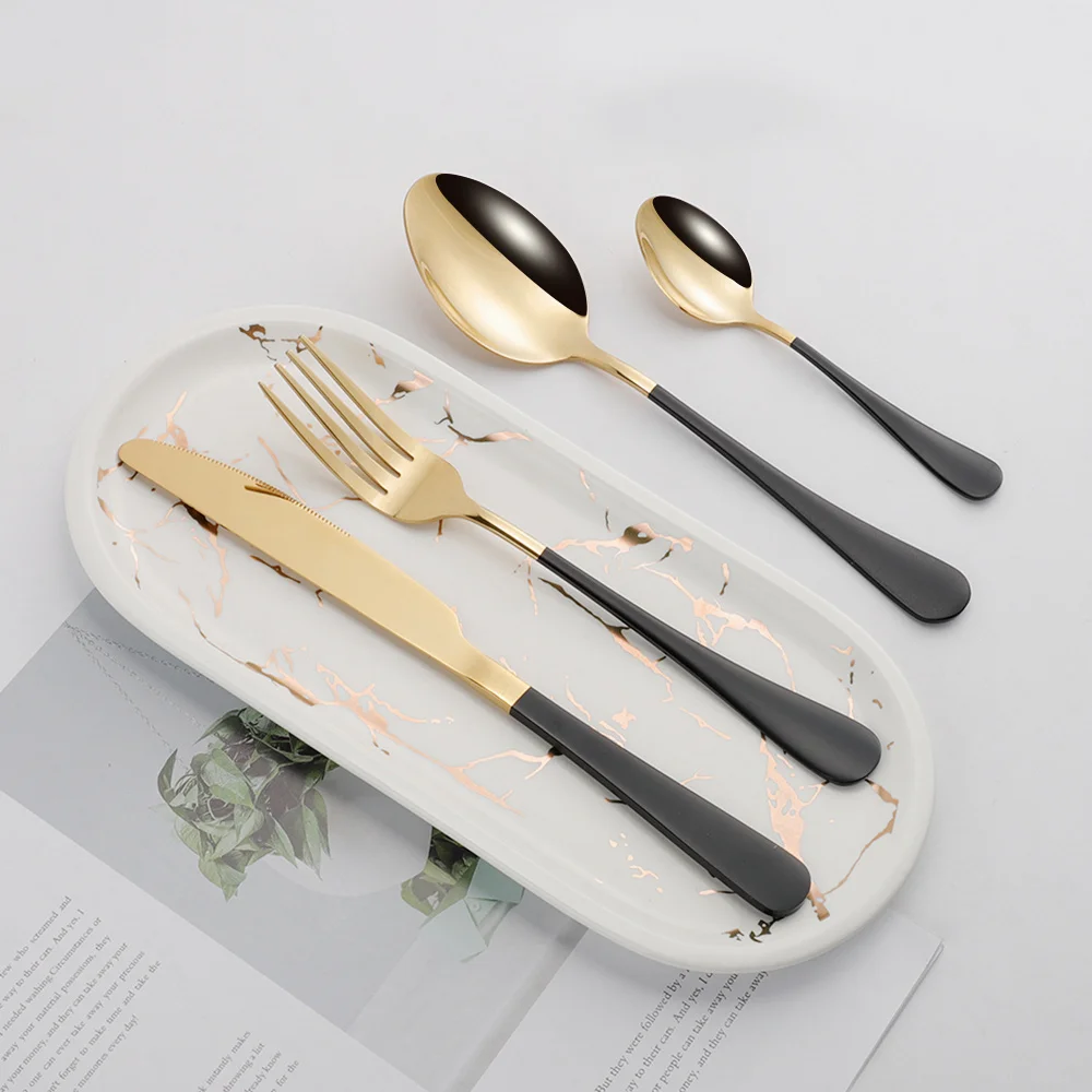 

Cutlery Set 24Pcs Stainless Steel Dinnerware Black Gold Cutlery Set Kitchen Creative Tableware Fork Knife Spoon Travel Flatware