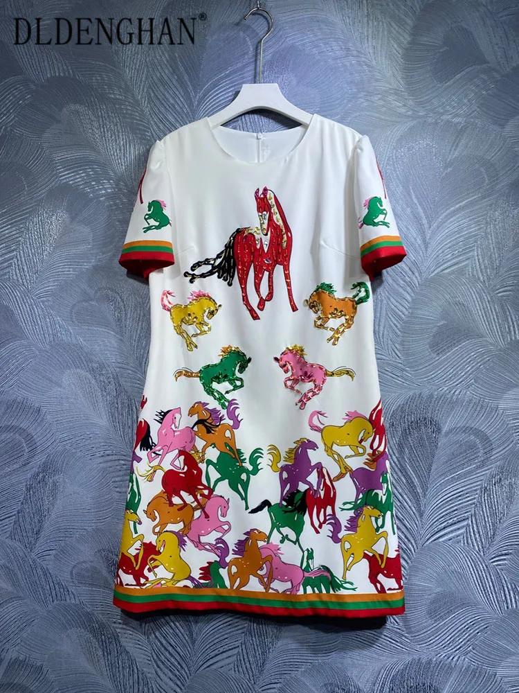 

Мини-платье DLDENGHAN, весна-лето, женские винтажные платья с круглым вырезом, коротким рукавом, блестками и бисером, модные дизайнерские новые