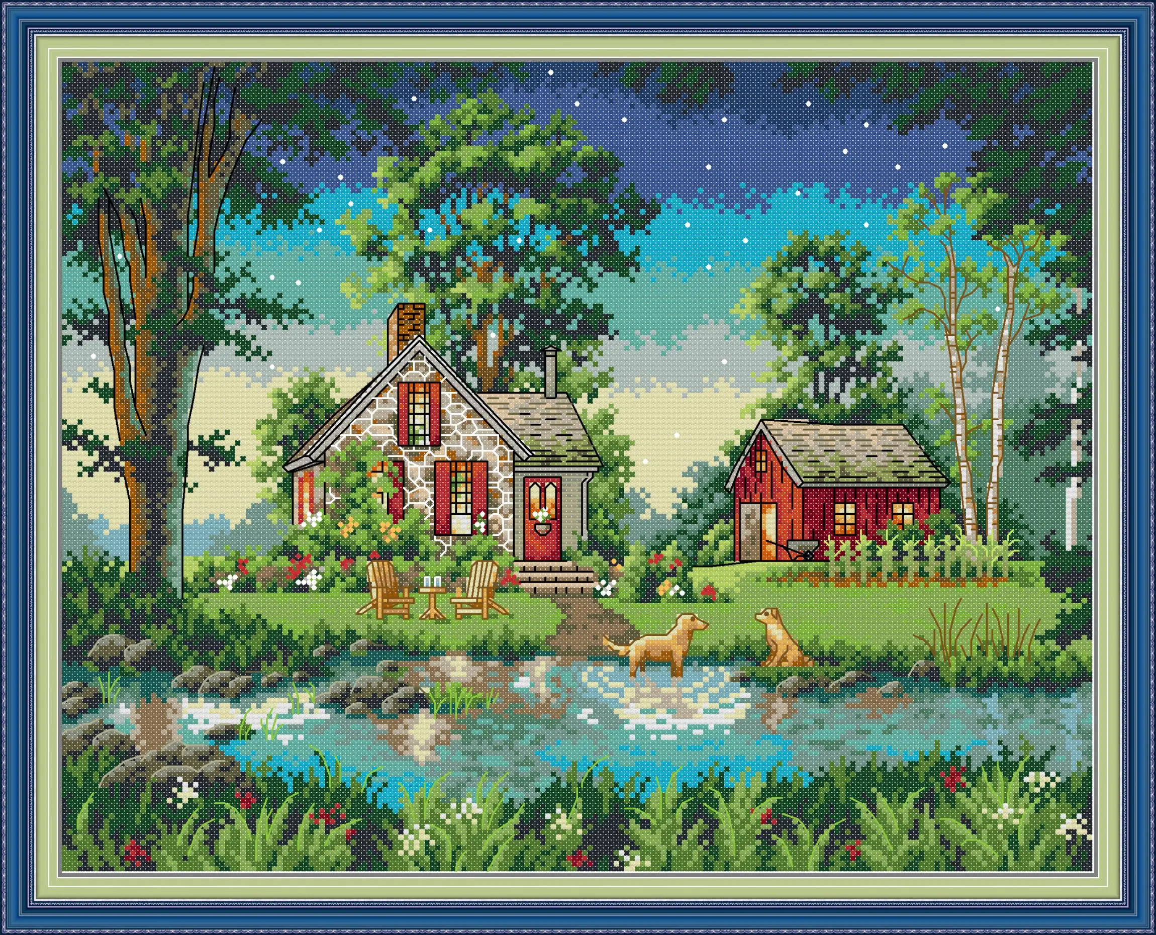 

Joy Sunday Pre-printed Cross Stitch Kit DIY Easy Pattern Aida 14/11CT Stamped Fabric Embroidery Set-Country House