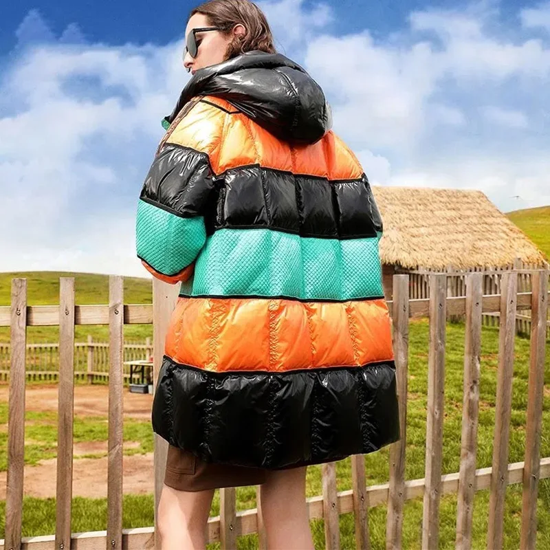 Winter Fashion Goose Down Jackets Women 2022 New Long Hooded Candy Color Mosaic Tide Loose Thick Warm Temperament Coats Female