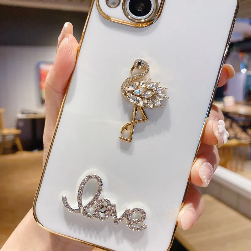 3D чехол с кристаллами и фламинго для iPhone 13 12 11 Pro Max MiNi X XS XR 7 8 Plus SE3 золотое покрытие