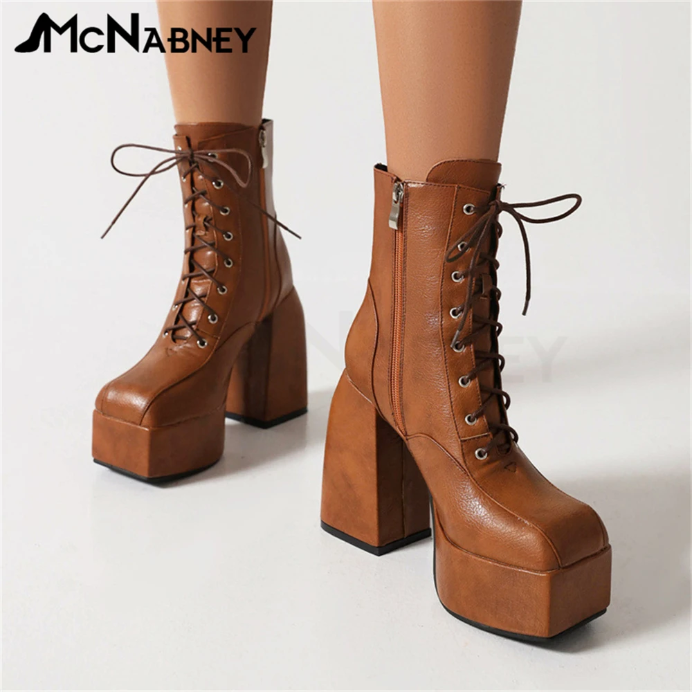 Купи Square Toe Women Boots Super High Platform Ankle Boots Modern Boots Classic Solid Leather Boots for Ladies High Heels Low Boots за 4,139 рублей в магазине AliExpress