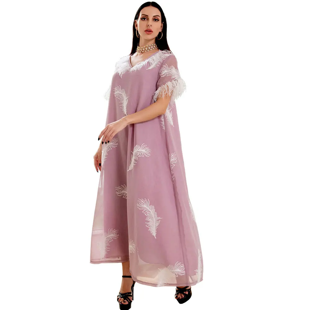 Robe Femme Musulmane Fashionable Ladies V-neck Short Sleeve Feather Embroidery Dress Middle East Gauze Abaya Vestidos Largos