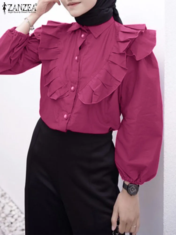 

Модная мусульманская блузка ZANZEA с оборками, женская рубашка с буффами на рукавах и лацканами, элегантная Турецкая хиджаб, блузки, винтажные женские топы 2023