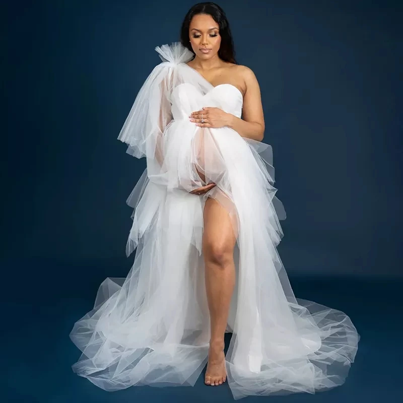 

Белое Тюлевое платье для беременных с оборками для фотосессии на одно плечо свадебное платье для фотосессии реквизит женское платье для беременных на заказ
