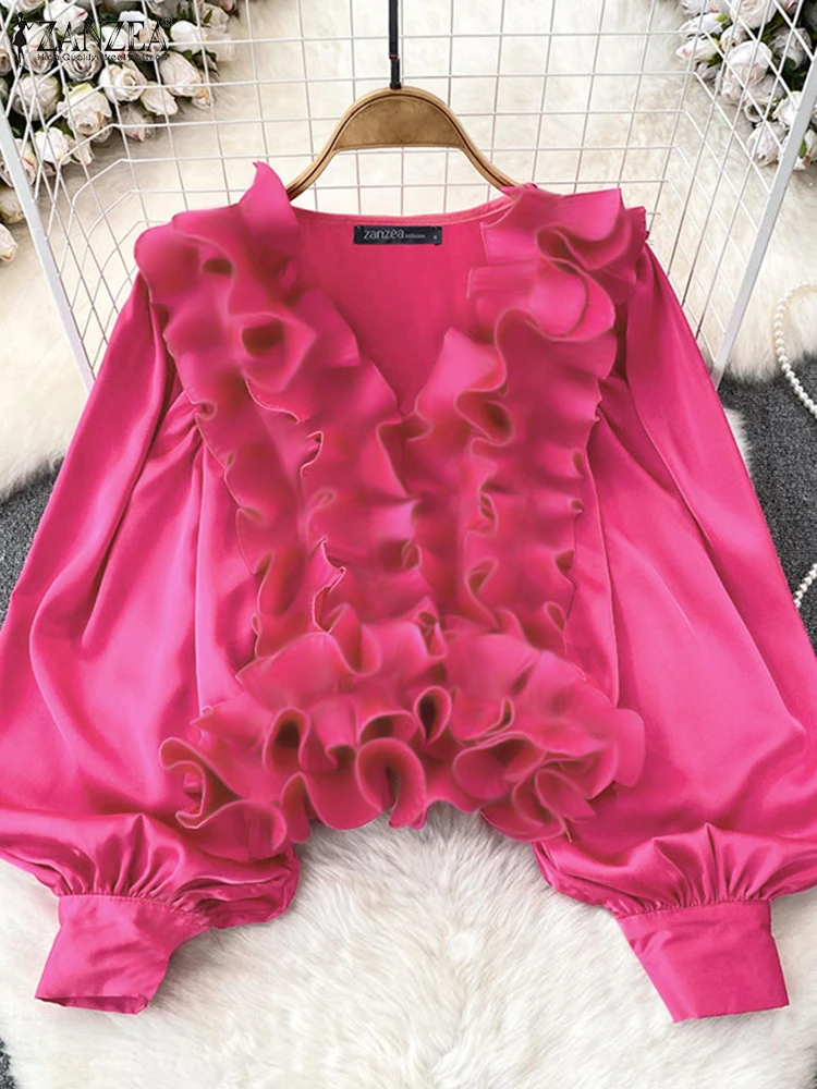 ZANZEA повседневная свободная однотонная блузка с v-образным вырезом 2024 винтажные