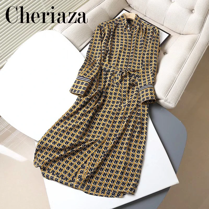 

2022Fashion Woman Spring Geometric Print Dress Long Sleeves Midi Skirt Belt Shirt Style Dresses Button Elegant Vestidos Mujer