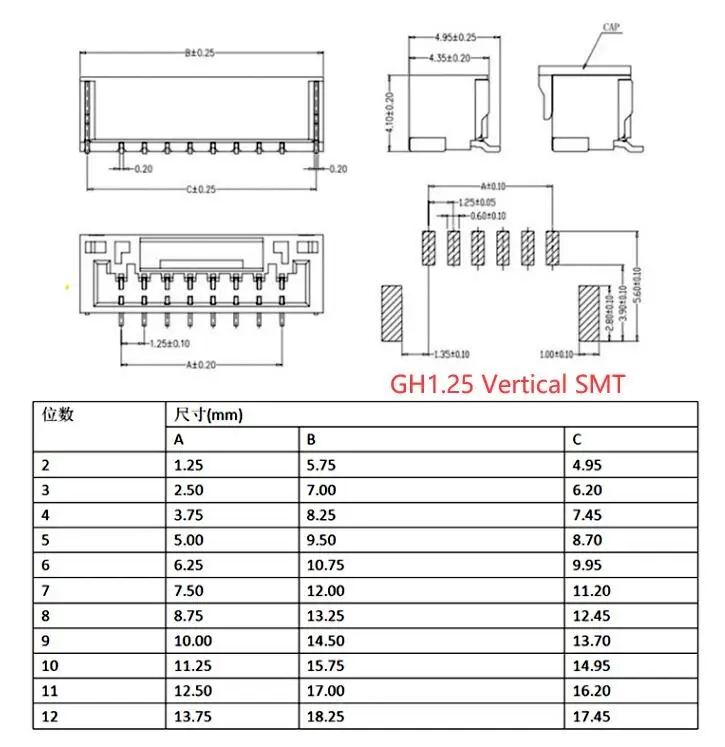 20 шт. GH 1 25 мм GH1.25 2/3/4/5/6/7/12P JST A1257 Micro Vertical 180d SMD SMT штырьковый Соединитель с