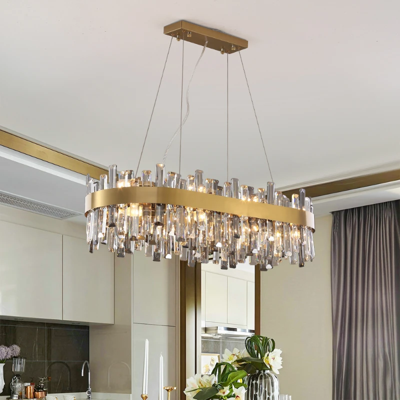 

Luxury Led Dining Room Chandelier Smoky Gray And Clear Crystal Hanging Lamp Modern Home Decor Light Fixture Round Kitchen LCD