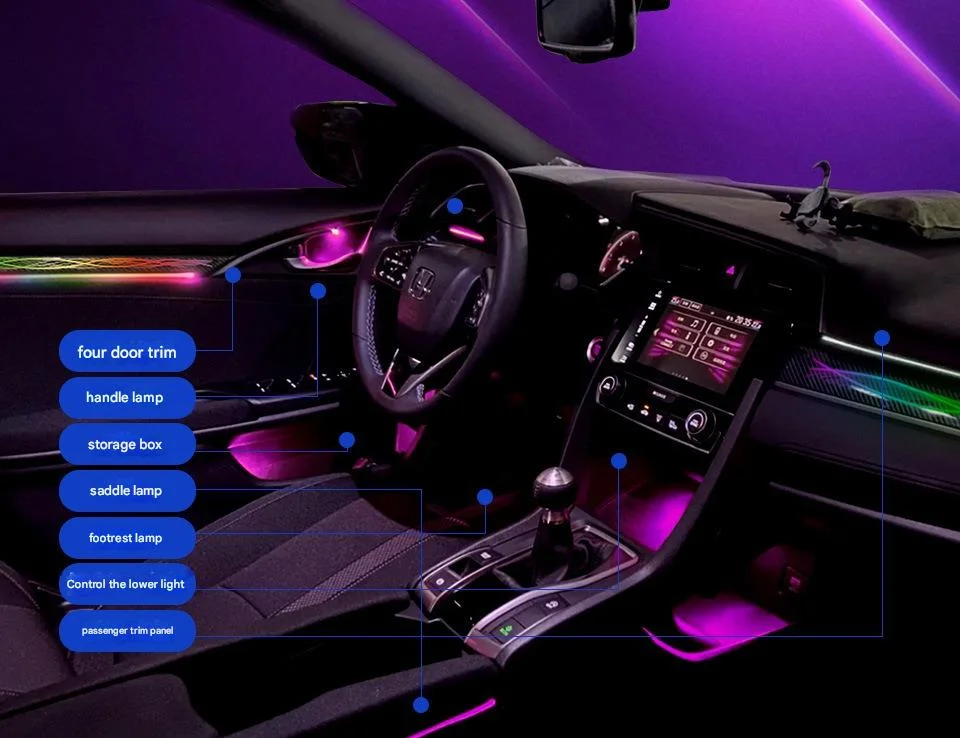 Фото Для Honda Civic INTEGRA 16-21 22: комплект светодиодной RGB-подсветки с эффектом переливающихся цветов, управление через приложение, голосом и кнопками, декоративный комплект для создания атмосферы в автомобиле. №4