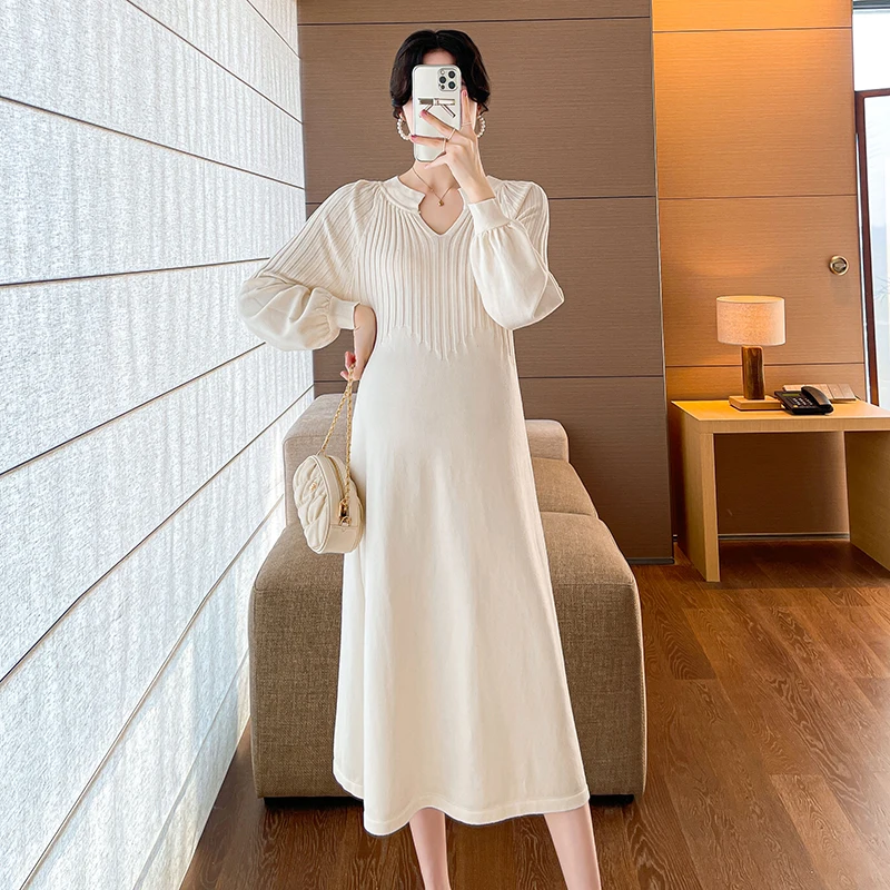 

2052# Autumn Winter Knitted Maternity Sweaters Dress Elegant A Line Loose Clothes for Pregnant Women Stylish Pregnancy