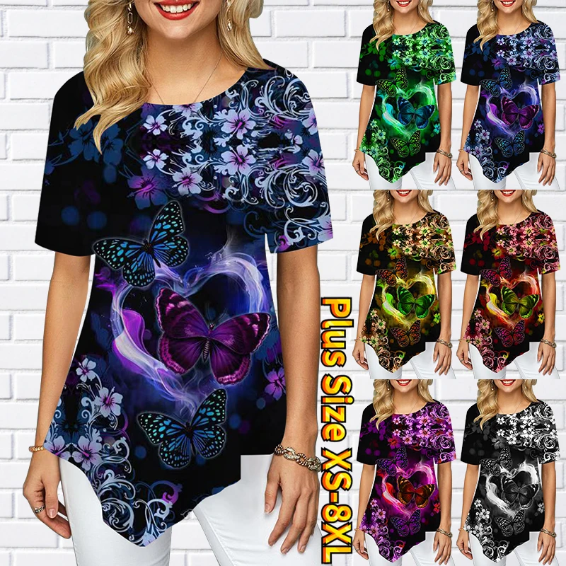 

Women's Butterfly Printed Jacket Summer Women's Pullover Loose Irregular Hem Short Sleeves Round Collar Temperament Clothing