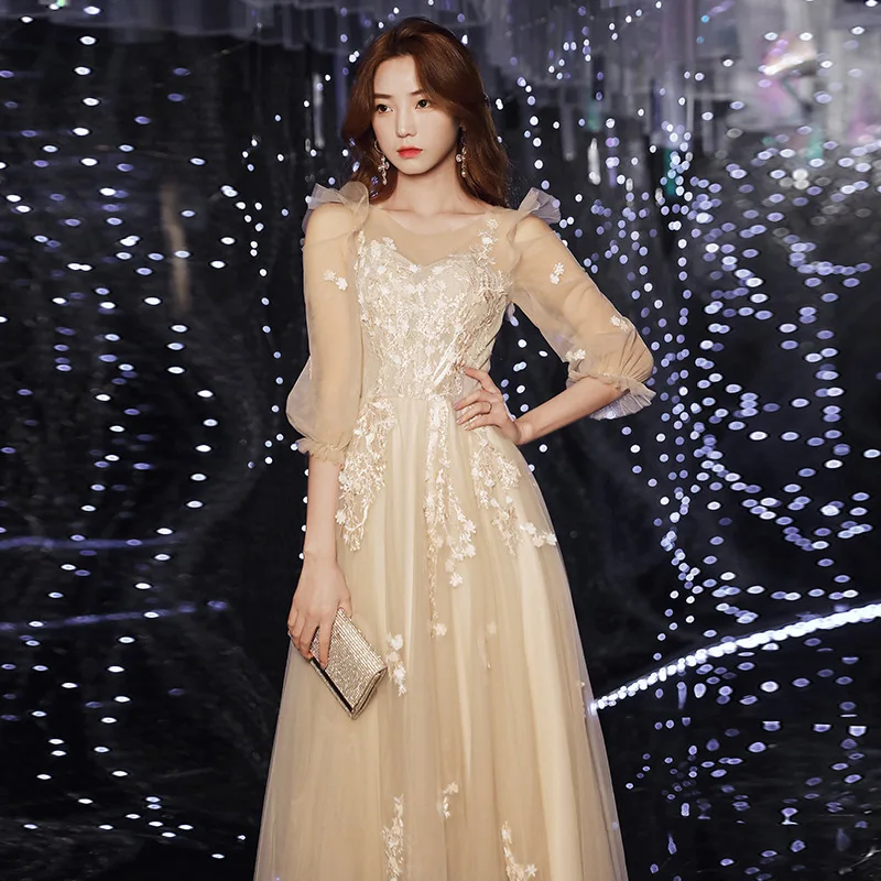 

Evening Dress For Women 2023 New Champagne Autumn Winter Banquet Temperament Vocal Examination Birthday Host High-Fashion Edge