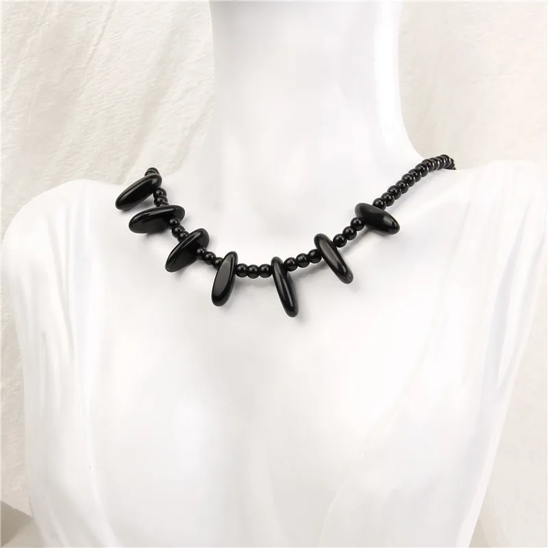 

Natural Stone Stick Beads Pendant Necklace 4mm Black Agat Beaded Necklaces Design Ethnic Style Choker for Men Women Boho Jewelry