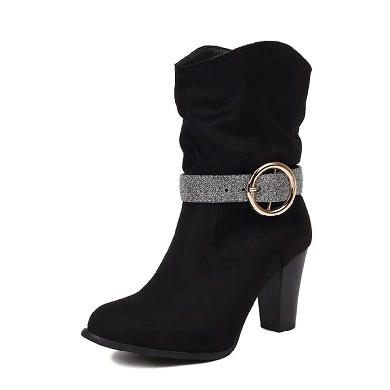 

Winter Shoes for Women Suede Round Toe Ankle Boots Women With Belt Buckle Slip on 8cm Thick Heels Casual botas de mujer WSH4720