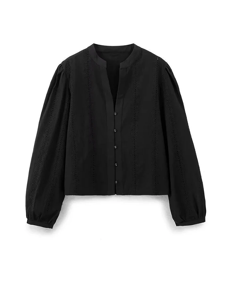 Новое поступление женские черные топы с вышивкой и длинными рукавами блузки