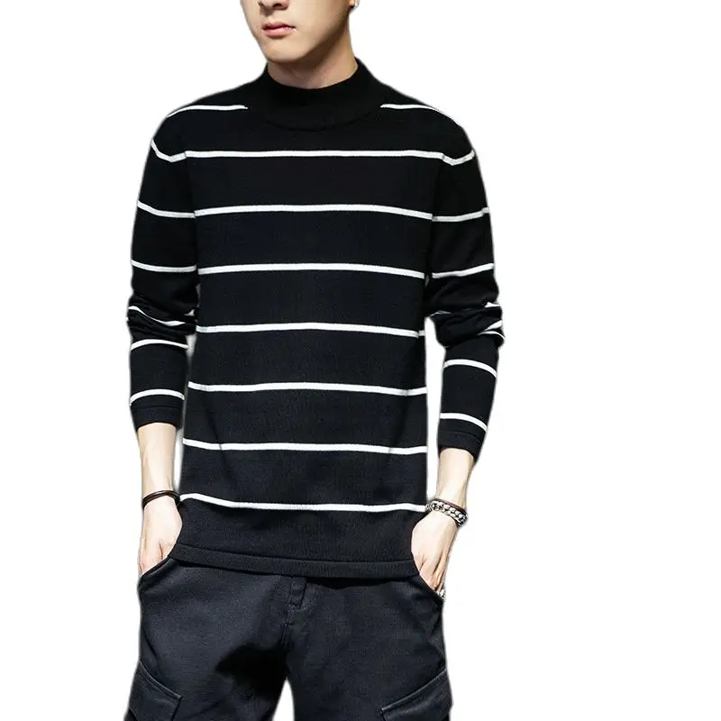 2022 Autumn and Winter Korean Version Trend Personality Striped Half Turtleneck Sweater Men's Fashion Casual Slim Fit Warm Top