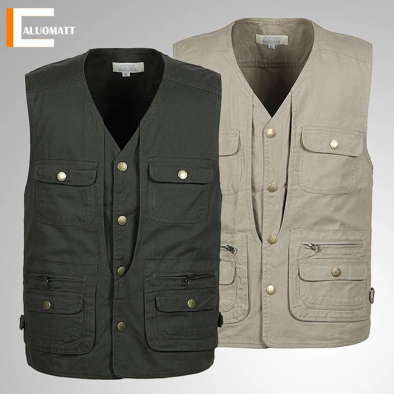 

New Men Vests Outdoor Casual 100% Cotton Sleeveless Vest Mens with Many Pockets Multi Pocket Fishing Photograph Male Waistcoat