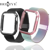 diamond casemilanese strap for apple watch series 7 6 se 5 4 women stainless steel metal band for iwatch 38 42mm 40 44 41 45mm