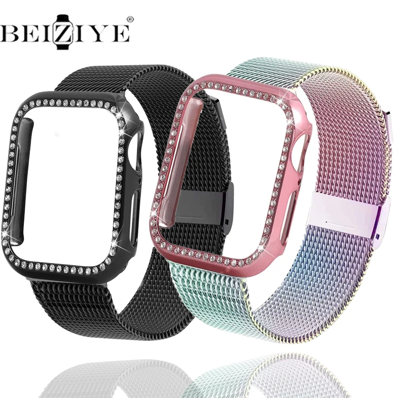 Чехол со стразами и миланским ремешком для Apple Watch Series 7 6 SE 5 4 Женский