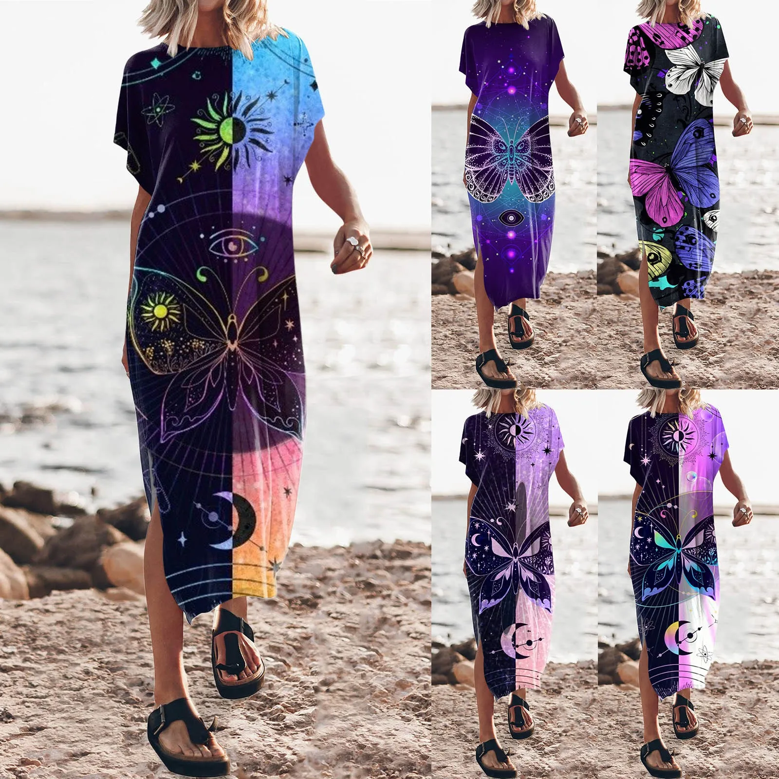 

Женское летнее платье-футболка макси с рукавом «летучая мышь» и круглым вырезом