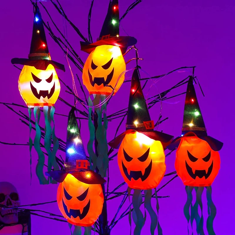 Luces LED de fantasma colgantes para Halloween, lámpara de sombrero de mago de calabaza intermitente, accesorio brillante para fiesta de terror, colgantes de ambiente interior y exterior