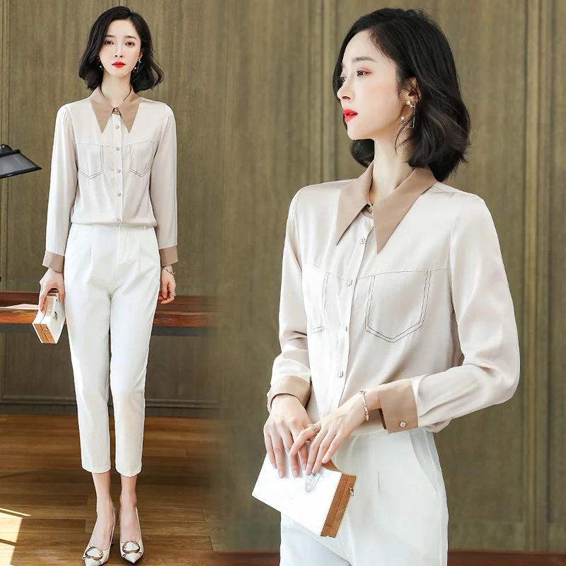 

Heavy silk ladies shirt spring 2022 new color matching lapel shirt temperament long sleeve mulberry silk blouse