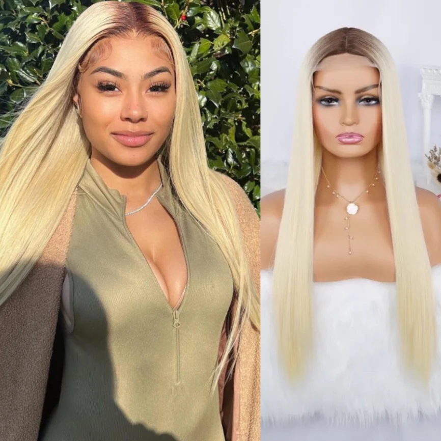 

Synthetic Lace Wigs Blonde Brown Roots Wig Ombre Brown Wigs Long Straight Wigs For Women Wig Glueless Heat Resistant Fiber