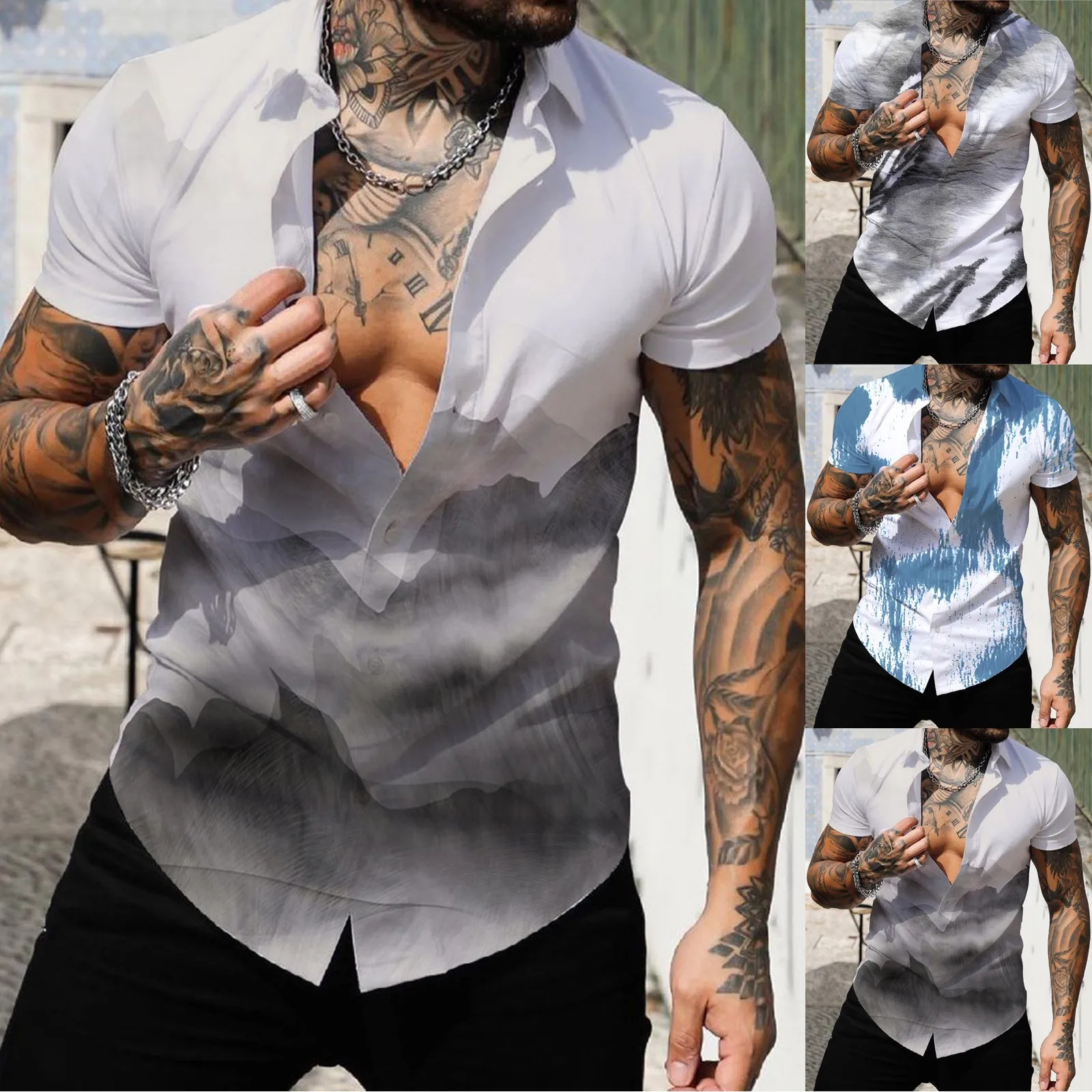 

Men Spring Summer Single Breasted Casual Lapel Full Print Beach Short Sleeve Vacation Outdoor Holiday Shirt Cowboy Shirts Men