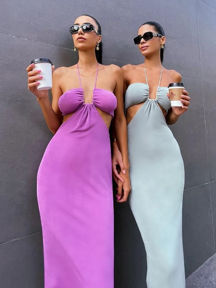 

Women Halter Cut Out Backless Corset Midi Dress High Waist Split Slim Grunge Vestidos 2022 Summer Party Club Kawaii Elegant Robe