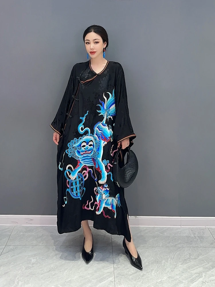 

SuperAen 2023 летнее Новое китайское стильное свободное платье на пуговицах с рукавом «летучая мышь» модное женское платье оверсайз с принтом
