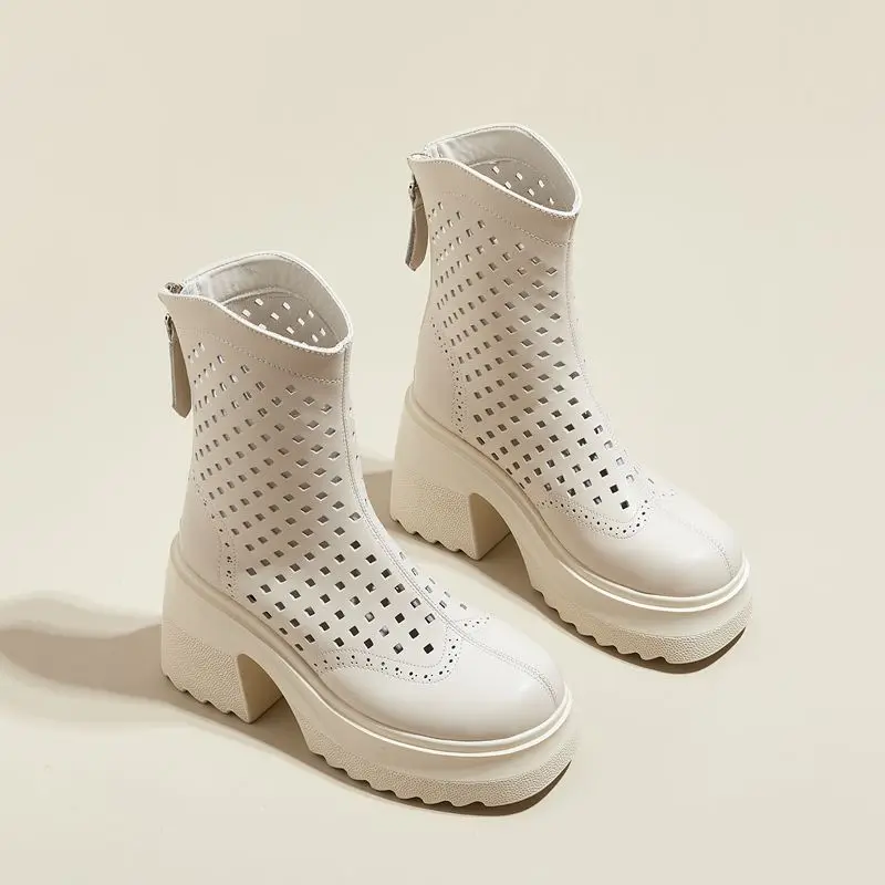 New Genuine Leather Mid Calf Boots Platform Hollow Fashiong Heels Booties Summer Sandals Females Women Boots Long Tube Shoes