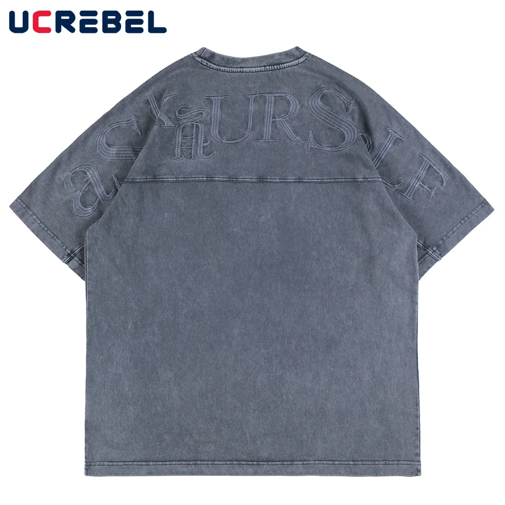 

Letter Embroidery Short Sleeve T-shirt Mens Summer Distressed Shoulder Drop Cotton Tee High Street Dome Loose Half-Sleeve Top