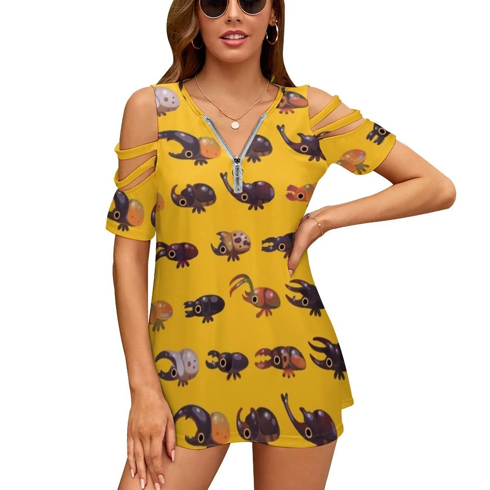 

Rhino And Stag Women'S T-Shirt Summer Fashion Print Floral V-Neck Zipper Tshirt Hollow Pullover Ladies Top Beetle Cottagecore