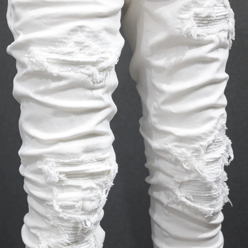 High Street Fashion Men Jeans White Elastic Stretch Skinny Fit Ripped Jeans Men Hole Patched Designer Hip Hop Brand Pants Hombre