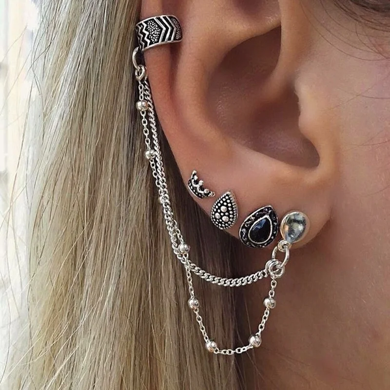 

4 Pcs Boho Crown Teardrop Charms Ear Studs Earrings Lady Chain Clip Earring Set