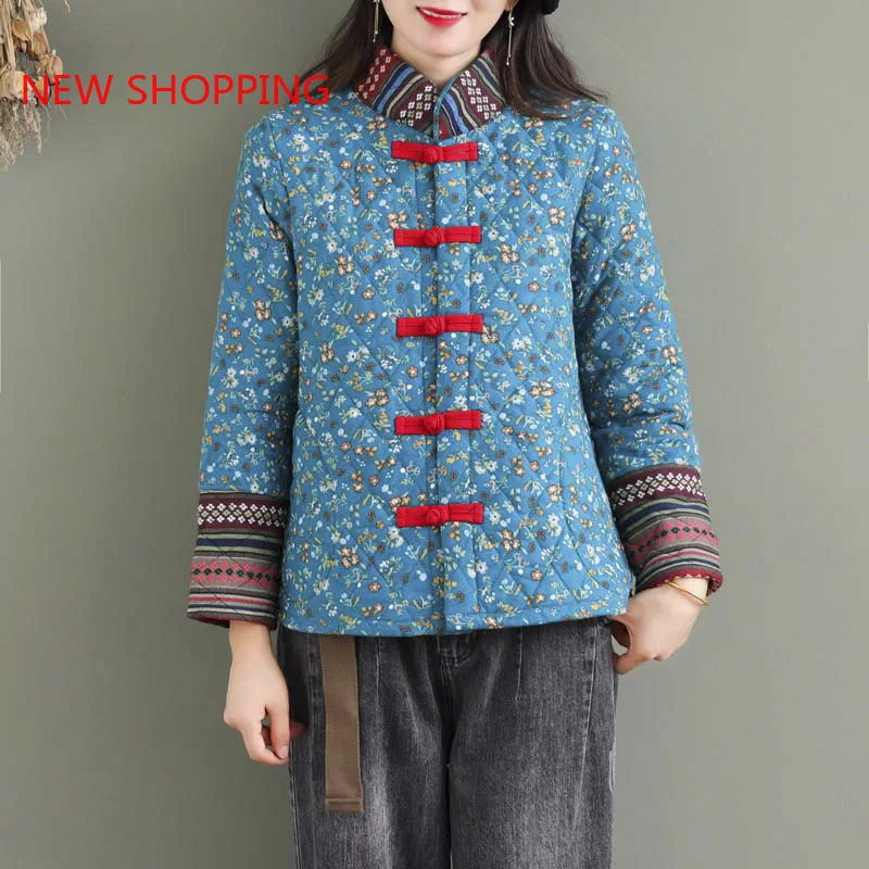 Women Retro Cotton Coat Vintage Ethnic Style Flowers Print Parka Fashion Qipao Tops Elegant Hanfu Winter Parkas Jackets Outwear