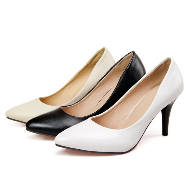 

Lady Black White High Quality PU 7cm Thin Heeled Plain Pumps For OL Elegant Zapatos De Mujer Plus Size 47 46 Pointy Toe European