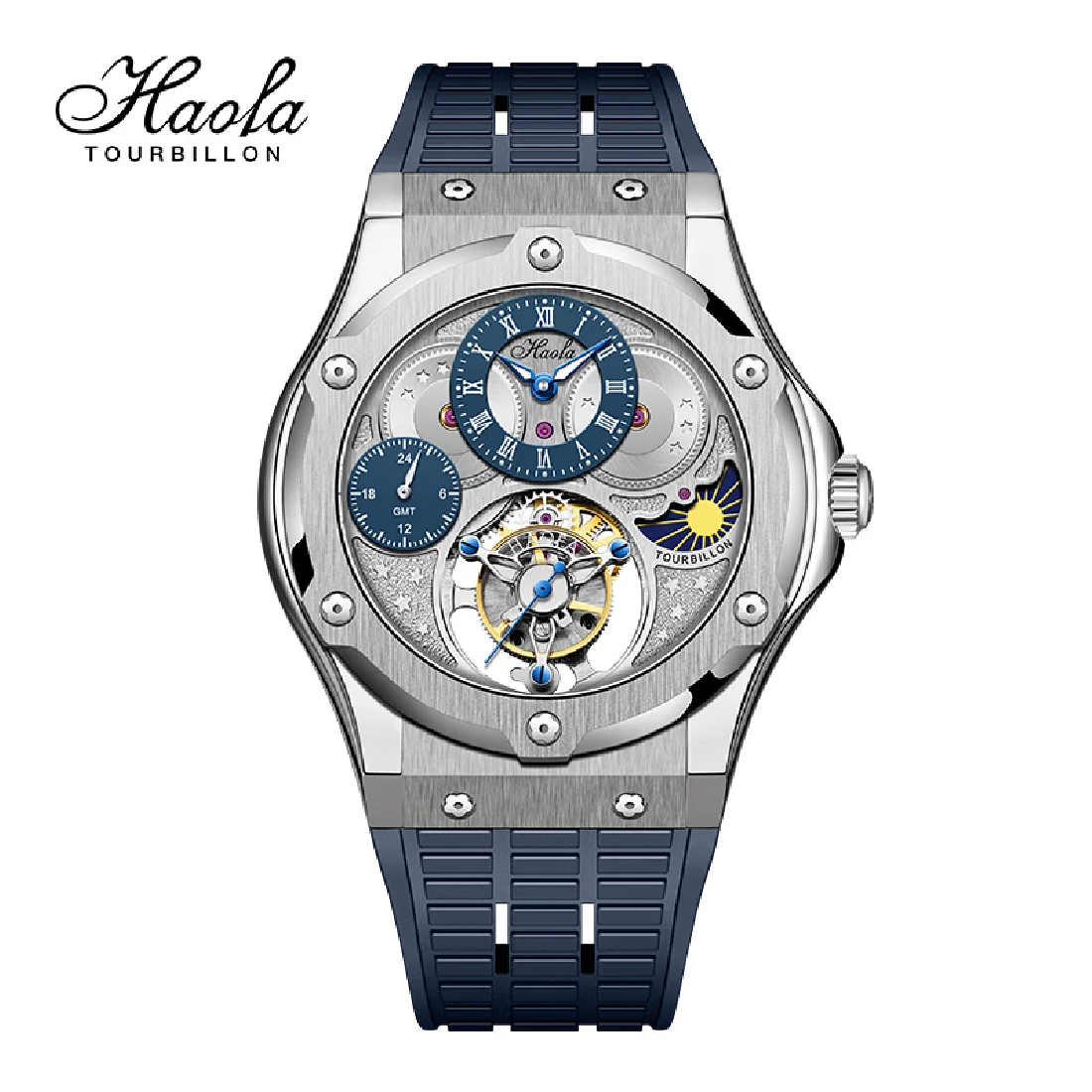 

Haofa Manual Moon Tourbillon Mechanical Mens Watch GMT Sapphire Flying Tourbillon Waterproof Wristwatches Luxury Day And Night