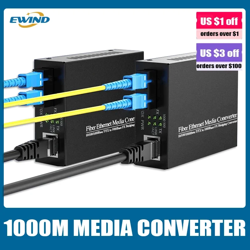 Медиаконвертер EWIND Gigabit Dual Fiber со встроенным трансивером SC 1 ГБ 10/100/1000 м RJ45 до 1000Base-LX