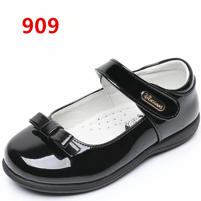 Детские Черно-белые Кожаные Туфли С Бантом Для Девочек