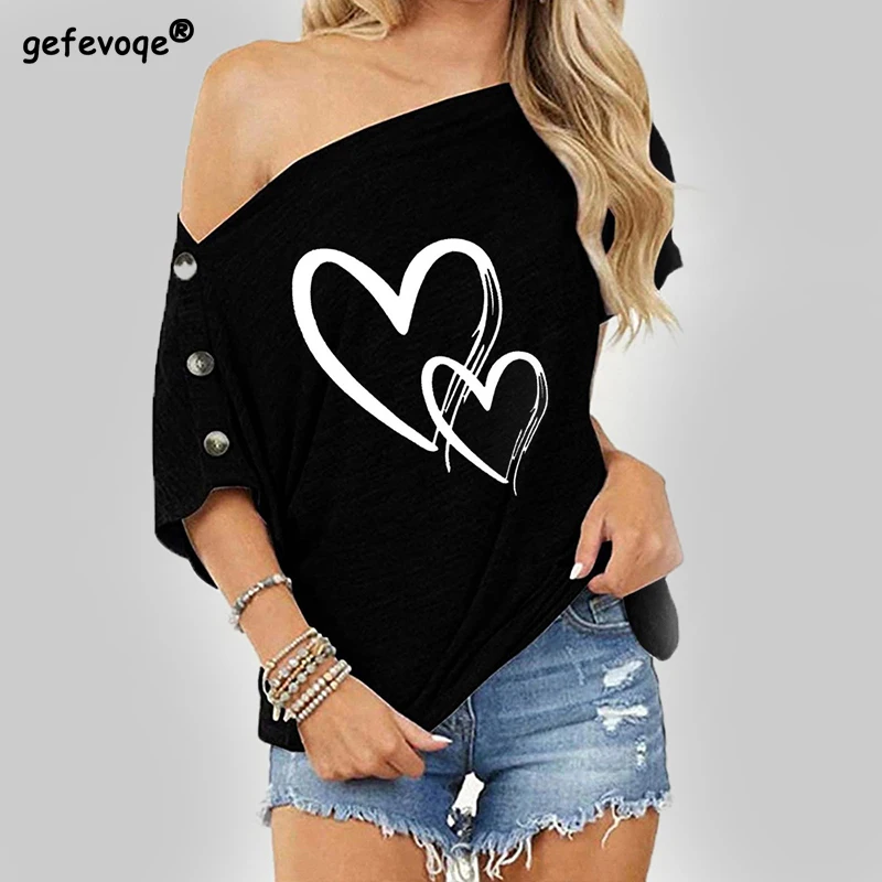 

Office Lady Skew Collar Love Print Tops Fashion Casual Loose Short T-shirt Button Graceful Supple 2022 Summer Women's Clothing