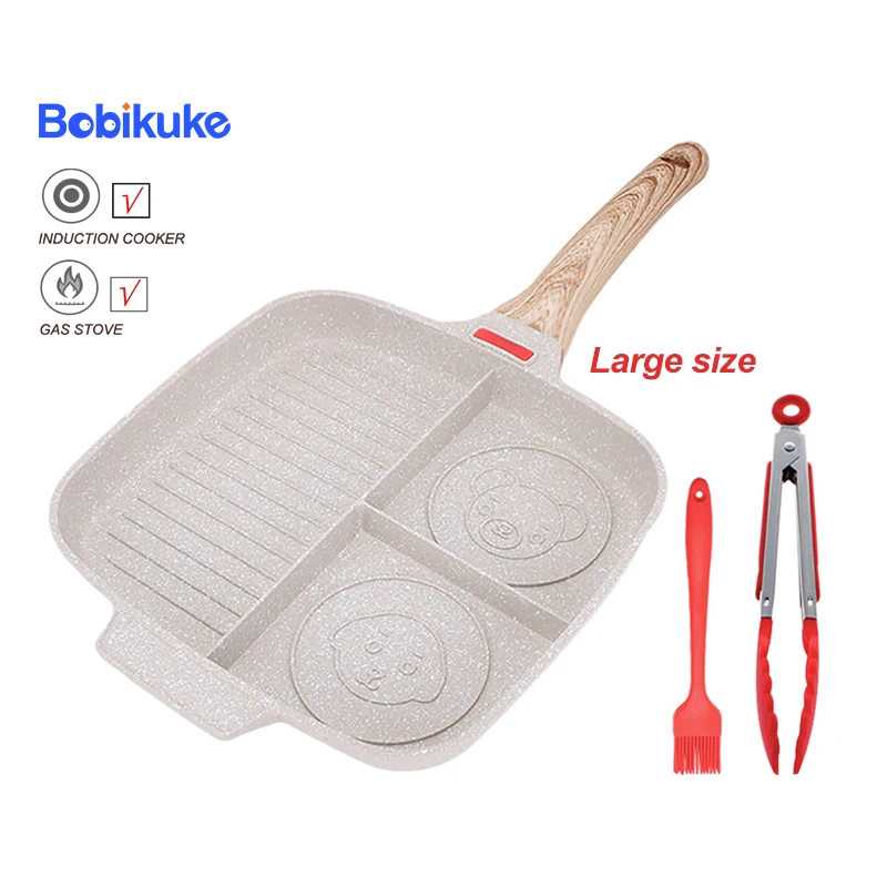 

BOBIKUK 3 Section Steak Frying Pan Egg Ham Pancake Breakfast Skillet Pans Non-Stick Cookware For Kitchen Gas & Induction Cooker