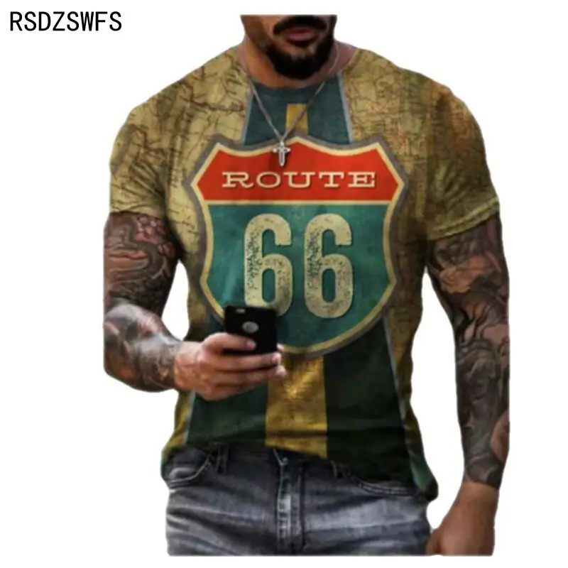 Summer Men's T-Shirt Street Fashion U.S. Highway 66 Personalized Printing Clothes；Large Size Men’s Top Loose Pullover |
