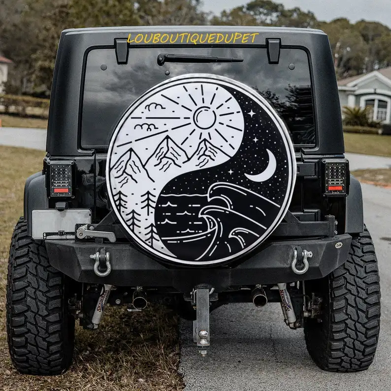

Premium Yin Yang Car Tire Cover For All Car Day And Night Protector Boho Car Accessories + Backup Camera Hole