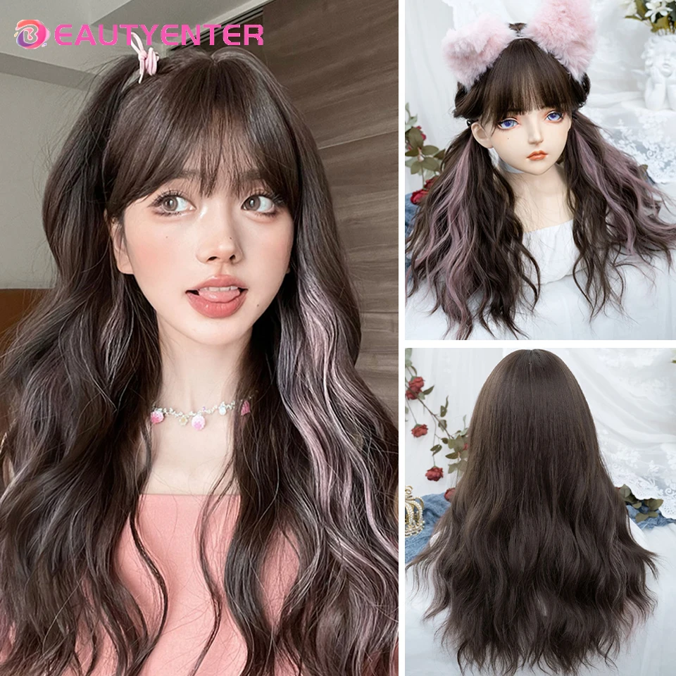 

WIGS Long Wavy Curly Brown Pink Hair Highlights Synthetic Blend Wigs With Fluffy Bangs For Women's Daily Wear Four Season