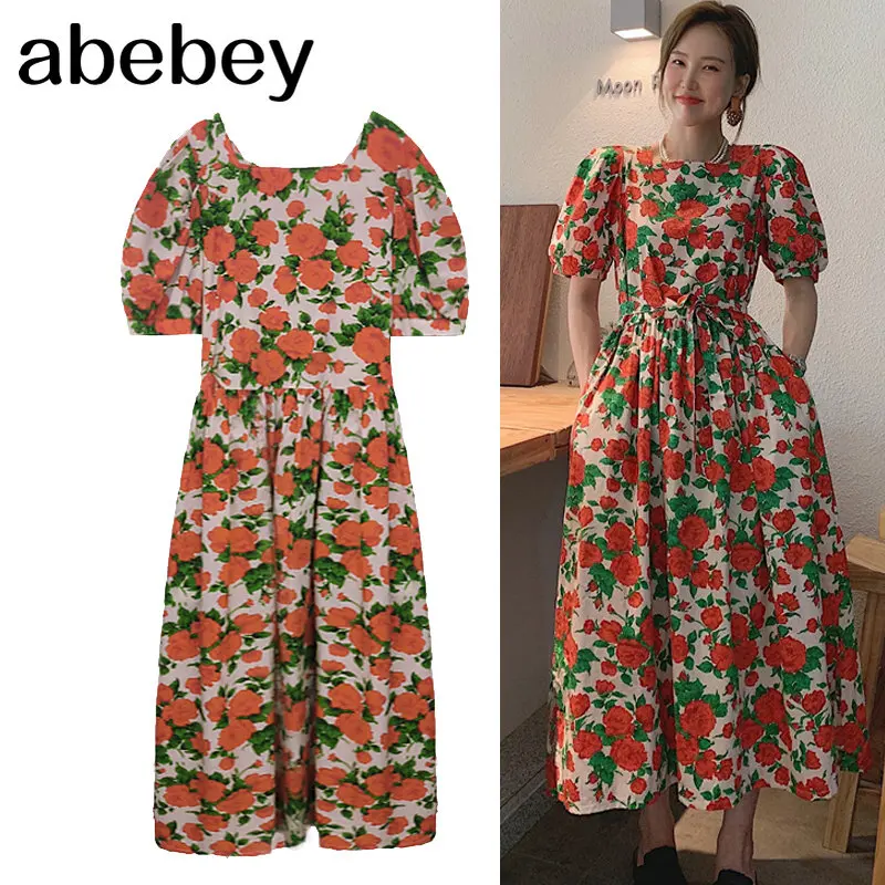 

Women Summer Fashion Flower Print Puff Short Sleeve Chic Casual Midi Dress Lady Street Vibrant Floral Elbise Vestidos Za